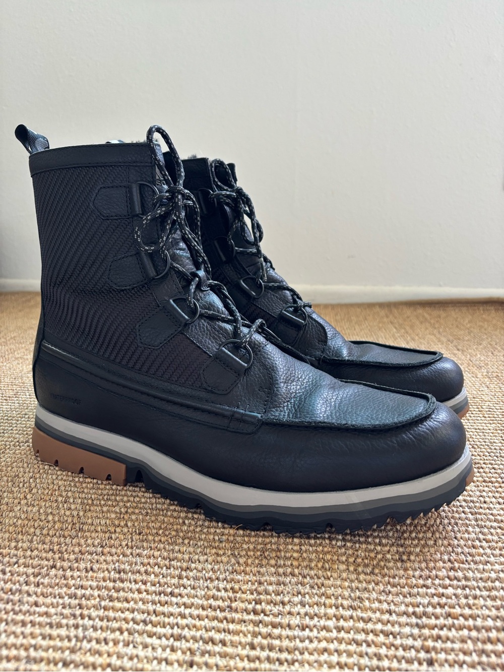 SOREL Men's Atlis Caribou Waterproof Winter Boots Black Faux Fur Size 14 NM3500